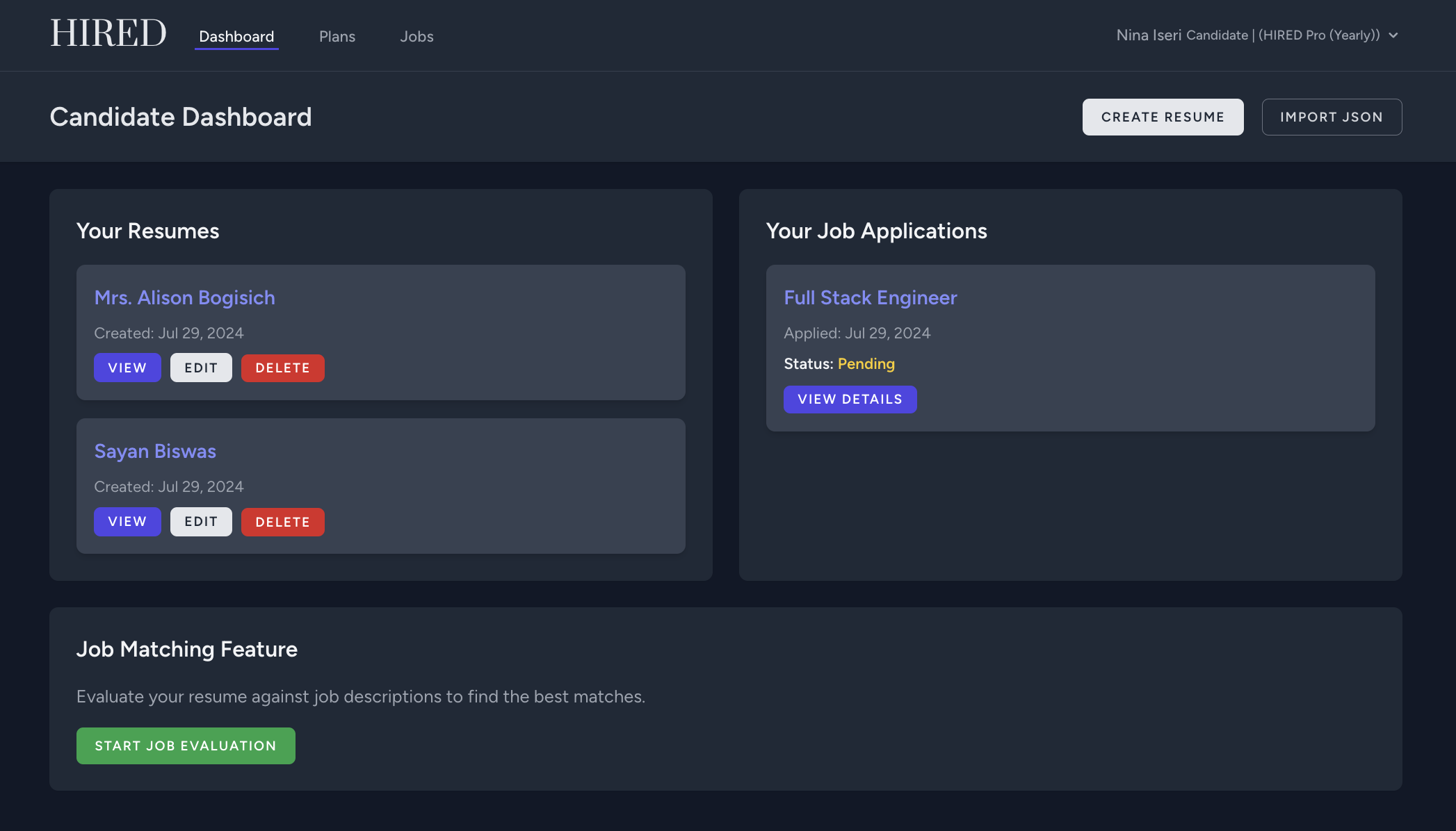 HIRED Application Screenshot